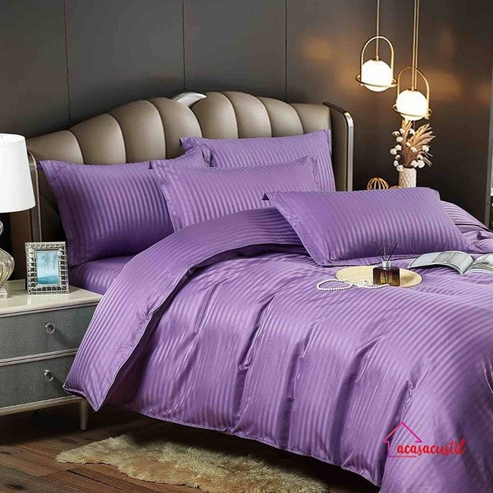 Lenjerie de Pat din Damasc, 6 Piese, Mov, Set Premium cu Fibra Naturala, Design Geometric Modern, Eleganta si Durabilitate