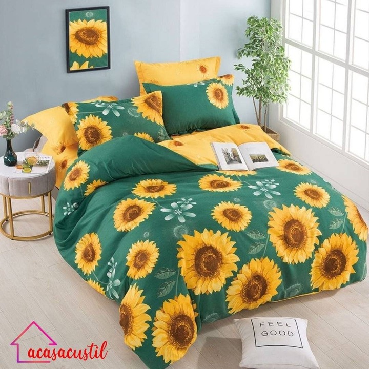 Lenjerie de pat din finet, 6 piese, model floarea-soarelui, cearsaf cu elastic 180x200 cm, cearsaf pilota 200x220 cm, fete de perna 50x70 si 70x70 cm, verde cu galben