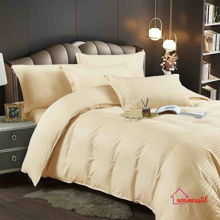 Lenjerie de Pat din Damasc, 6 Piese, Galben Set Premium cu Fibra Naturala, Design Geometric Modern, Eleganta si Durabilitate