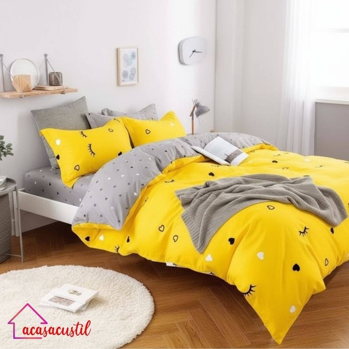 Lenjerie de pat din finet, 6 piese, model tineresc cu gene si inimioare, cearsaf cu elastic 180x200 cm, cearsaf pilota 200x220 cm, fete de perna 50x70 si 70x70 cm, Galben-Gri