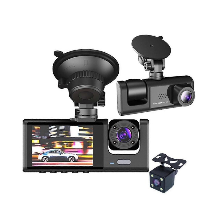 Камера за кола, DVR BLACK BOX TRAFFIC RECORDER TRIO Camera High PRO Full HD 1080P, 3 обектива, Ултрашироко зрително поле от 170°, IPS дисплей 2", Нощно виждане, Двоен запис, Цикличен запис, G-сензор, Откриване на движение, Матово черно