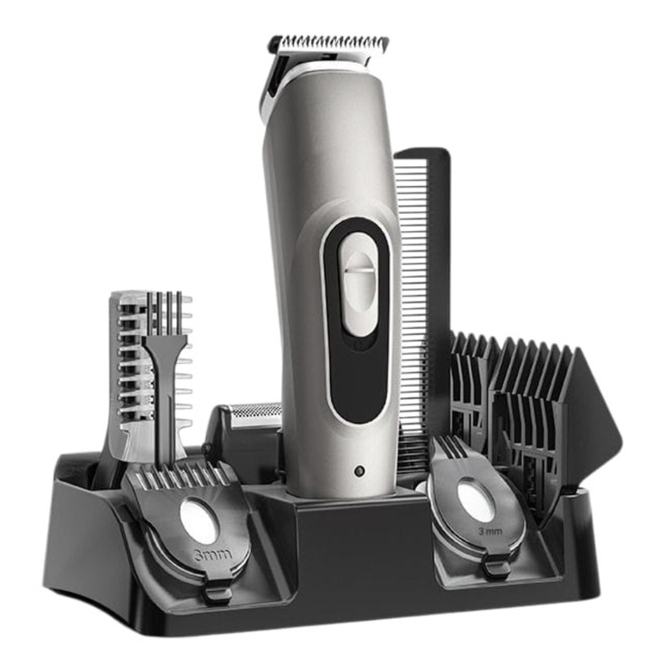 Машина за подстригване и бръснене Arvada® Voguee Pro, остриета от неръждаема стомана 304, професионална, брада, глава, интимни зони, безжична, 6500 300+- RPM, батерия 600mAh, включен тример за нос, 12 аксесоара, сребриста