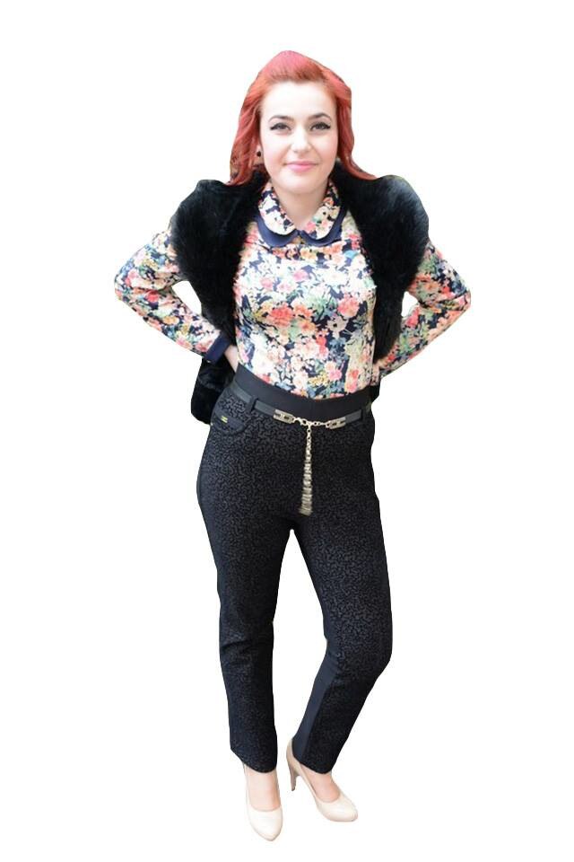 Pantaloni rafinati cu imprimeu nonfigurativ din catifea,masura mare,D&J Exclusive, Negru