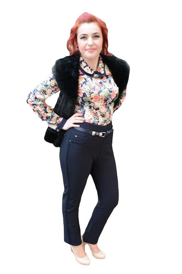 Pantaloni drepti din material elastic,masura mare,D&J Exclusive, Bleumarin