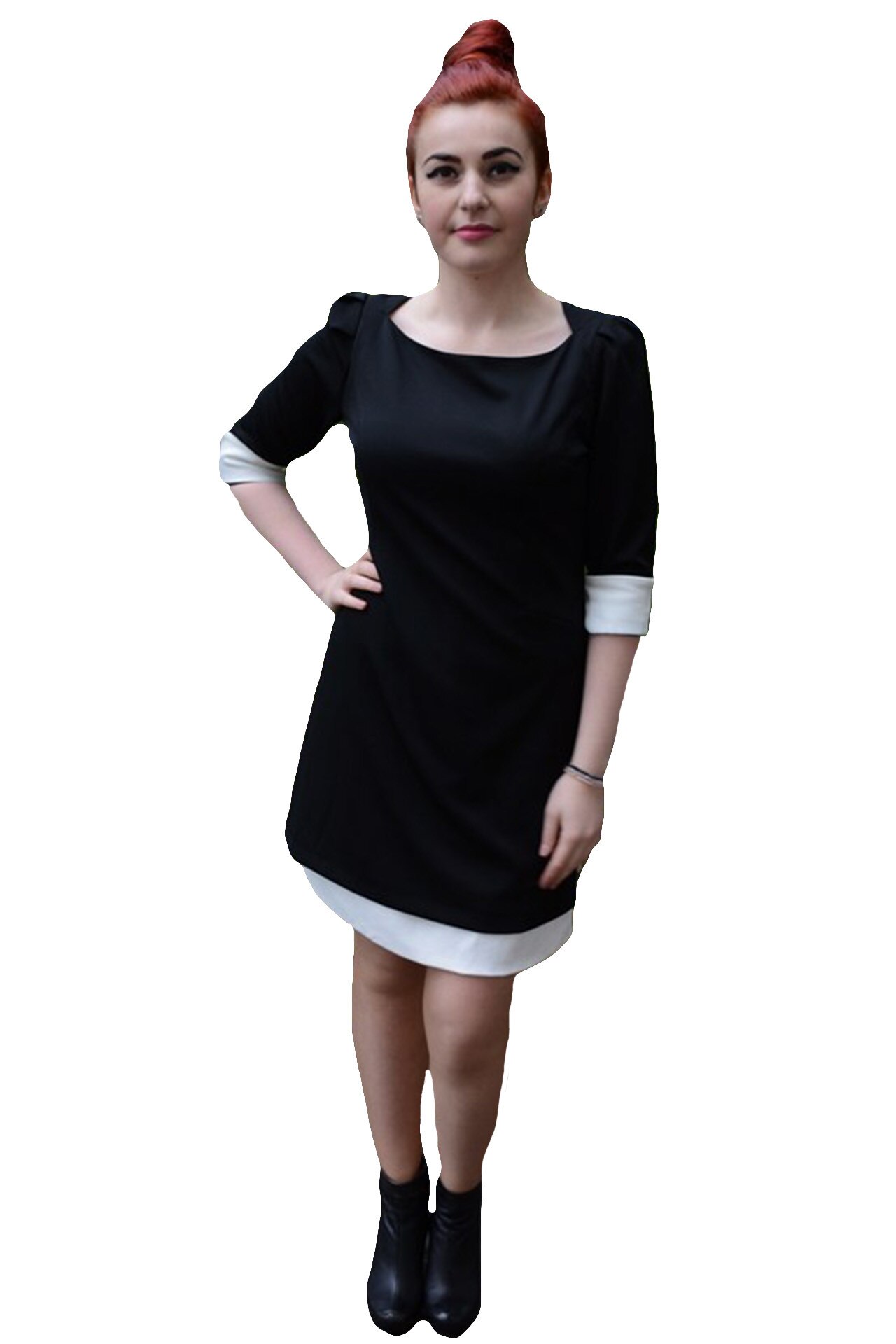 Rochie office cu maneci trei sferturi,D&J Exclusive, Negru/Alb