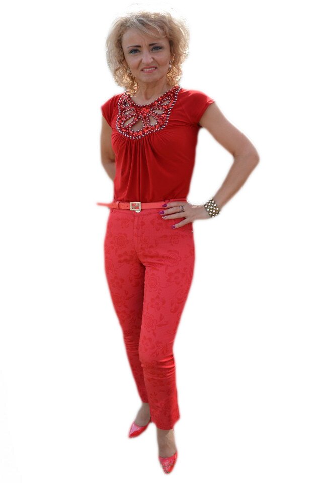 Pantaloni lungi in nuanta vie de vara, cu imprimeu floral , D&J Exclusive, Rosu