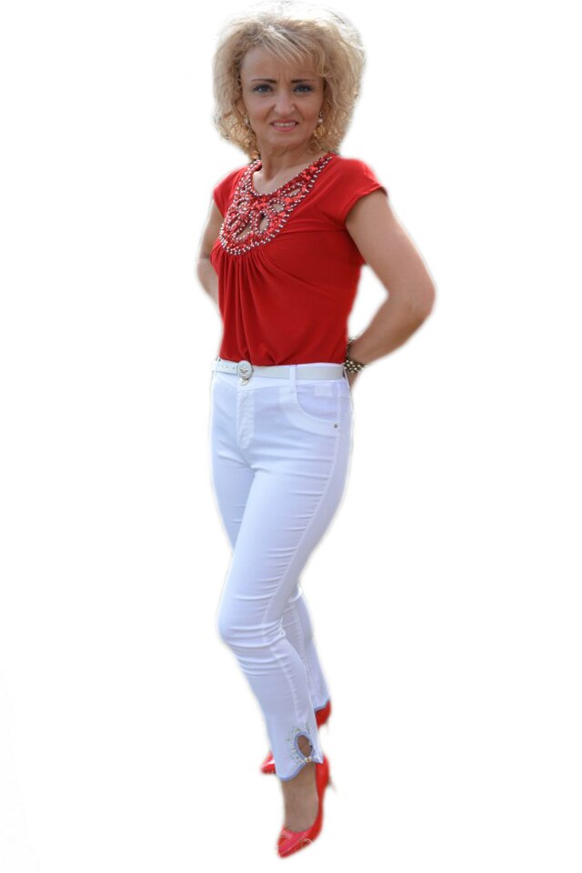 Pantaloni lungi cu decupaj rotund si strasuri la glezna, D&J Exclusive, Alb