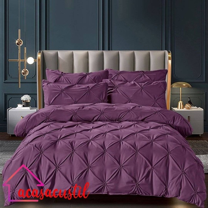 Lenjerie de pat din finet, 6 piese, model uni texturat Pintuck, cearsaf cu elastic 180x200 cm, cearsaf pilota 200x220 cm, fete de perna 50x70 si 70x70 cm, Mov Pruna