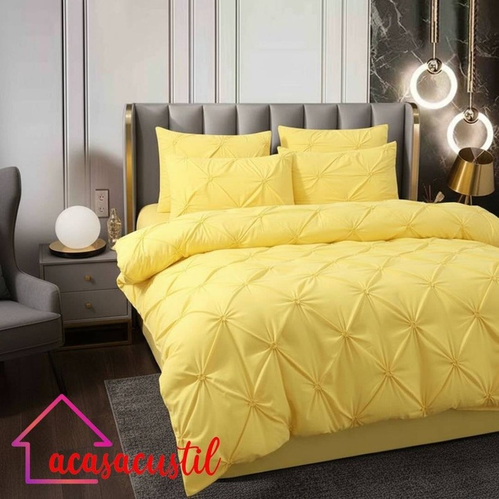 Lenjerie de pat din finet, 6 piese, model uni texturat Pintuck, cearsaf cu elastic 180x200 cm, cearsaf pilota 200x220 cm, fete de perna 50x70 si 70x70 cm, Galben