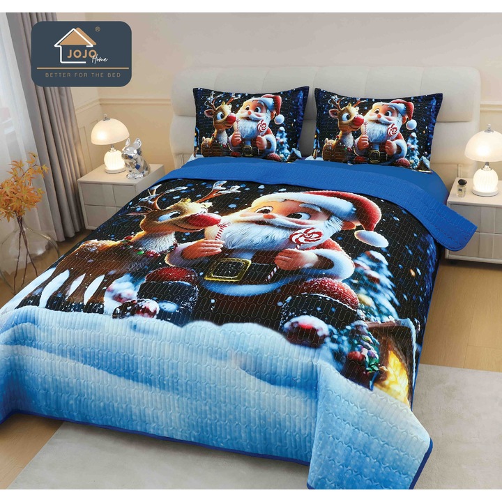 Set Cuvertura de Pat Craciun 5D 220 x 240 cm, 2 fete perna 50 x 70 cm, MHR-1571