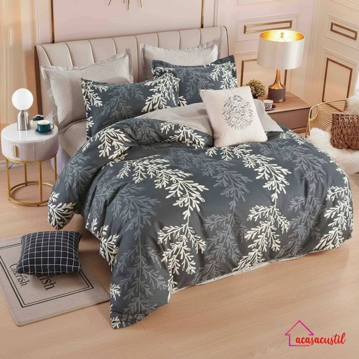 Lenjerie de pat din finet, 6 piese, model botanic cu crengute albe, cearsaf cu elastic 180x200 cm, cearsaf pilota 200x220 cm, fete de perna 50x70 si 70x70 cm, Gri-Crem