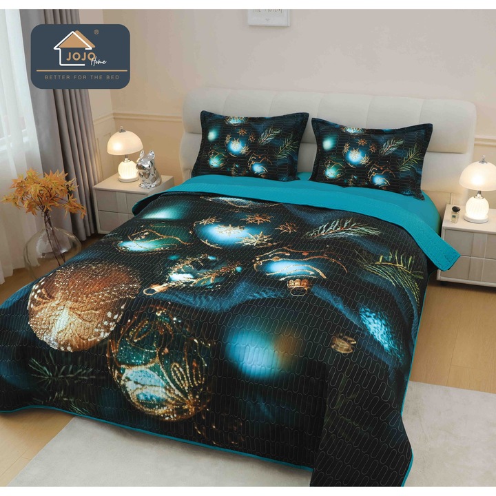 Set Cuvertura de Pat MHR Craciun 5D, 220x240cm, 2 fete perna 50x70cm, design elegant, culori intense