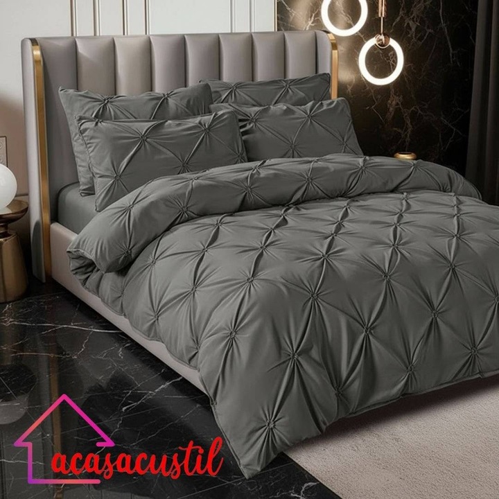 Lenjerie de pat din finet, 6 piese, model uni texturat Pintuck, cearsaf cu elastic 180x200 cm, cearsaf pilota 200x220 cm, fete de perna 50x70 si 70x70 cm, Gri Antracit