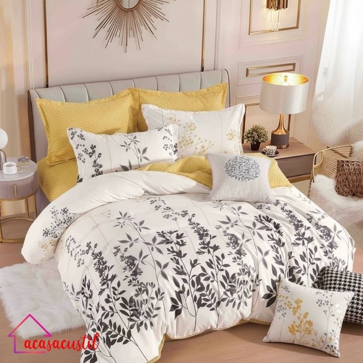 Lenjerie de pat din finet, 6 piese, model botanic modern cu crengute gri, cearsaf cu elastic 180x200 cm, cearsaf pilota 200x220 cm, fete de perna 50x70 si 70x70 cm, Alb-Galben