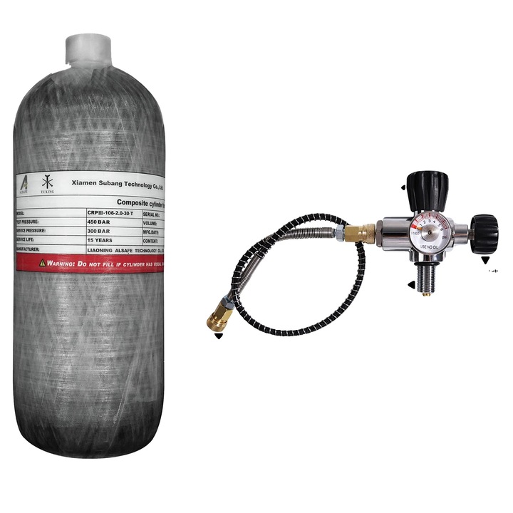 Nagynyomású légtartály, 2L, szénszálas, B típusú szelep, 330x115mm