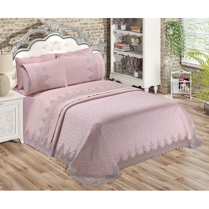 Комплект от 6 части одеяло, калъфки за възглавници и спално бельо прах розово