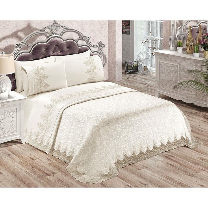 Спален комплект от 6 части Двойно одеяло и бяло спално бельо Ivoire