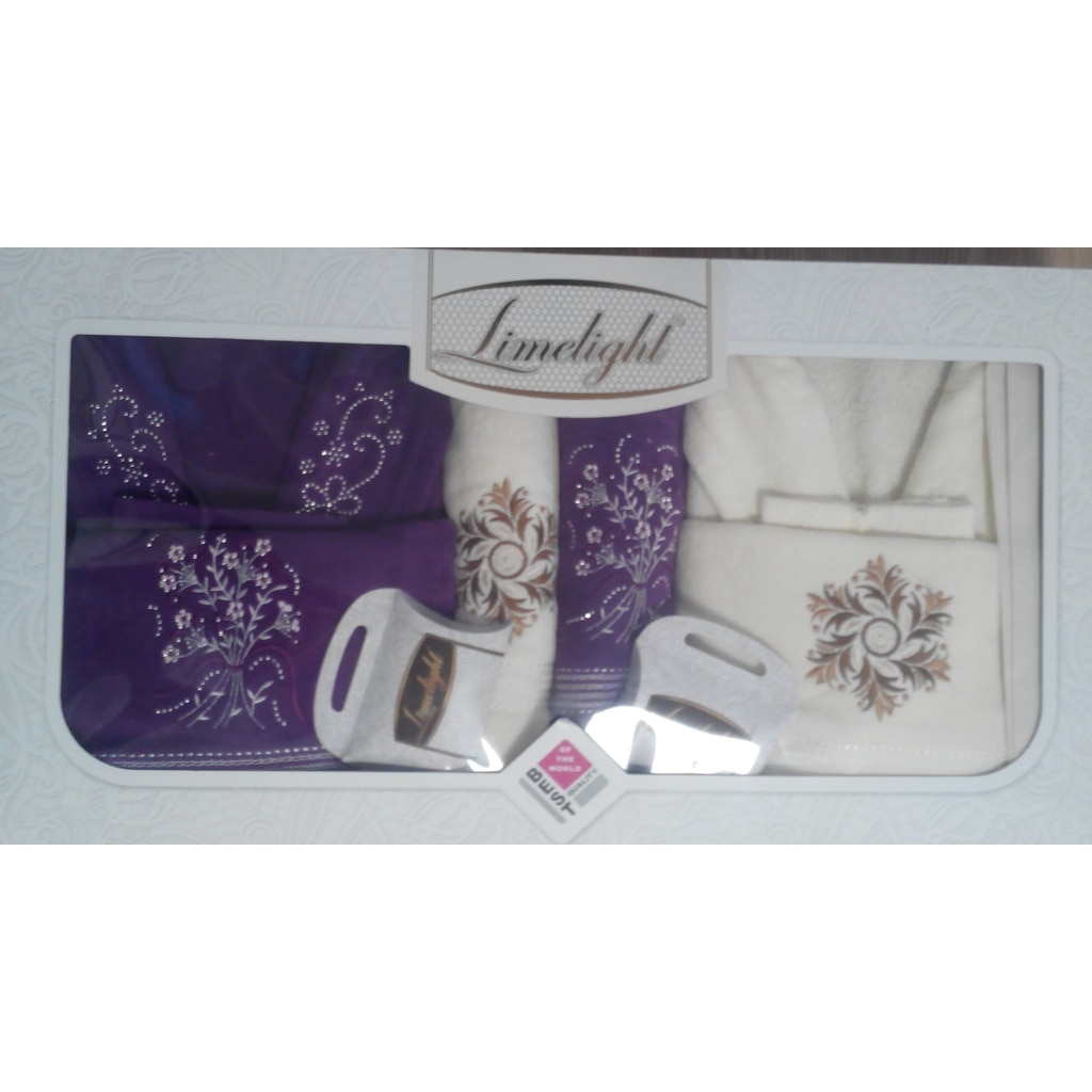 Set Matrimonial 2 Halate si 4 Prosoape Albe din Bumbac Alb Mov