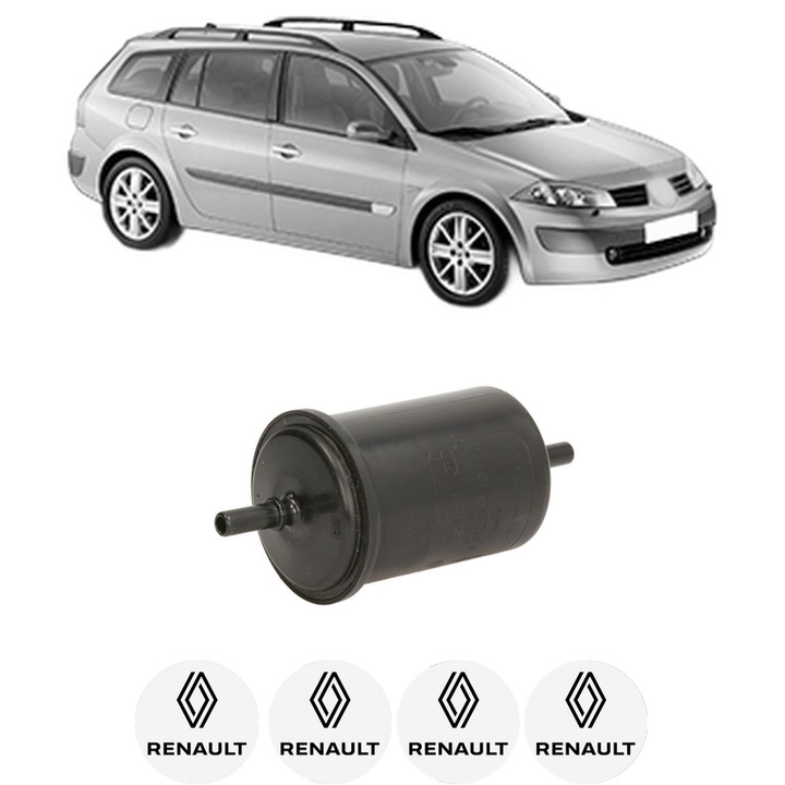 Filtru combustibil RENAULT MEGANE II Estate (KM0/1_) 2.0 (KM0S, KM2N, KM23) din 2006-2011 KW 102 CP 138 CMC 1998, Bosch, Auto, 4x Stickere auto cu RENAULT