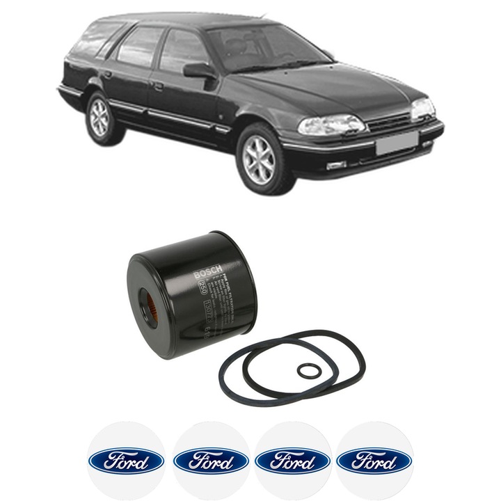 Filtru combustibil FORD SCORPIO I Turnier (GGE) 2.5 TD din 1993-1994 KW 85 CP 115 CMC 2500, Bosch, Auto, 4x Stickere auto cu FORD
