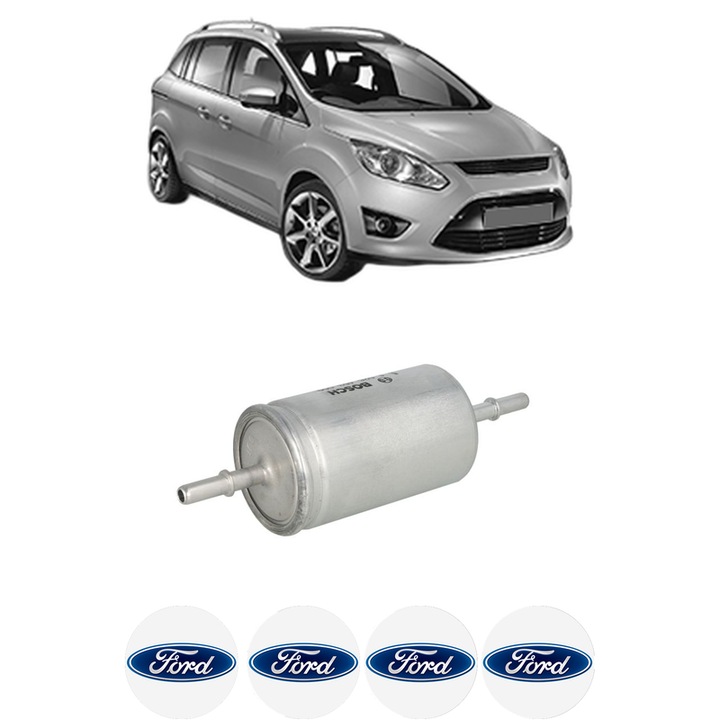 Filtru combustibil FORD C-MAX II (DXA/CB7, DXA/CEU) 1.6 Flexifuel din 2011-2019 KW 88 CP 120 CMC 1596, Bosch, Auto, 4x Stickere auto cu FORD