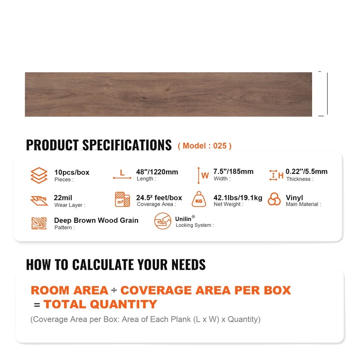 Placi de vinil, finisaj lemn, instalare usoara, maro inchis, 48x7.3in, set