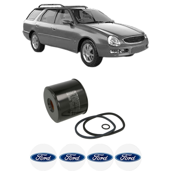 Filtru combustibil FORD SCORPIO II Turnier (GNR, GGR) 2.5 TD din 1996-1998 KW 92 CP 125 CMC 2499, Bosch, Auto, 4x Stickere auto cu FORD