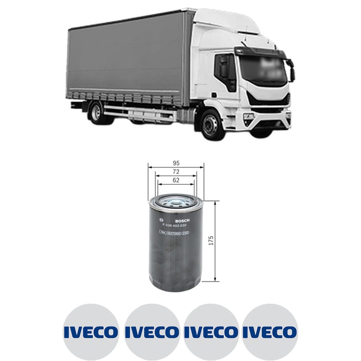 Filtru combustibil IVECO EUROCARGO V 150E32, 150E32FP, 150E32P din 2015 KW 235 CP 320 CMC 6728, Bosch, Auto, 4x Stickere auto cu IVECO