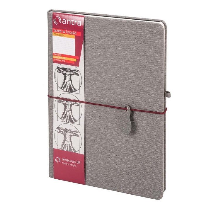 Тетрадка B5 Renesans, 192 страници, екологична, сива, с ластик и джоб за бележки