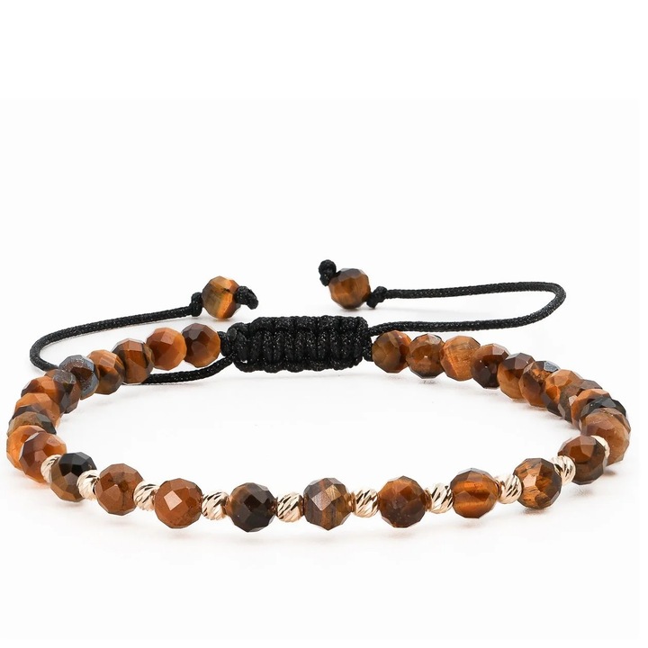 Bratara cu 10 bile de Aur 14k si Ochi de Tigru sfere fatetate