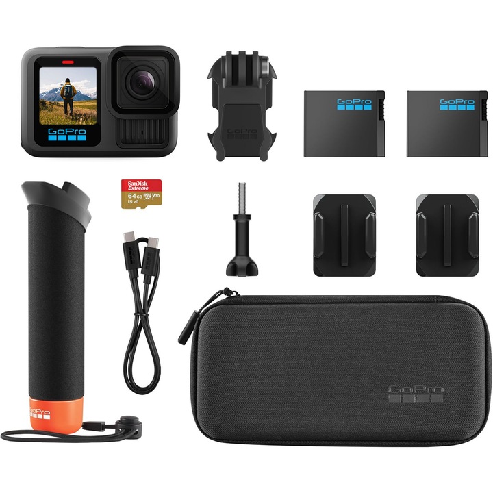 Екшън камера GoPro Hero 13 Black Bundle, 5.3K, 60FPS, HDR, HyperSmooth стабилизация, черна