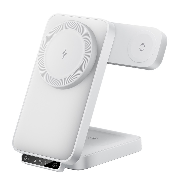 Incarcator Wireless Foldabil 3 in 1 15W, Stand MagSafe pentru iPhone 17, Ceas Ultra 2, AirPods Pro si iWatch (Incarcare 5W pentru iWatch), Alb