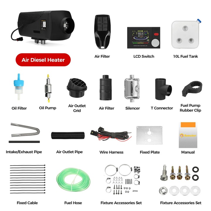 Dízel légmelegítő, 8KW, 12V 24V, méretei 14.9"x5.3"x5.5", 10L tartálykapacitás