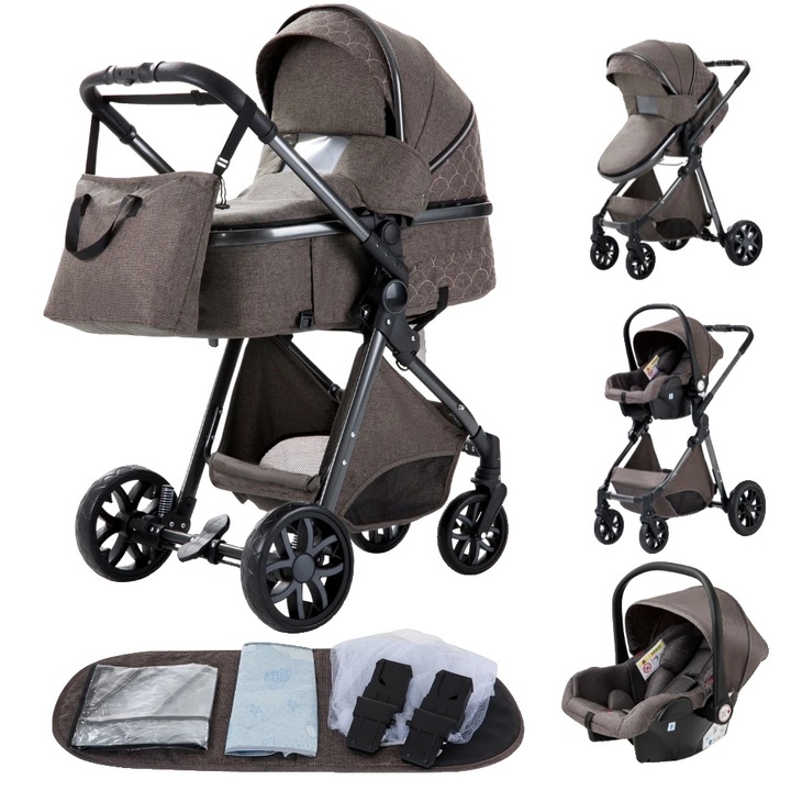 Carucior 3-in-1, versiune joasa V9, culoare ciocolata, design usor, accesorii incluse
