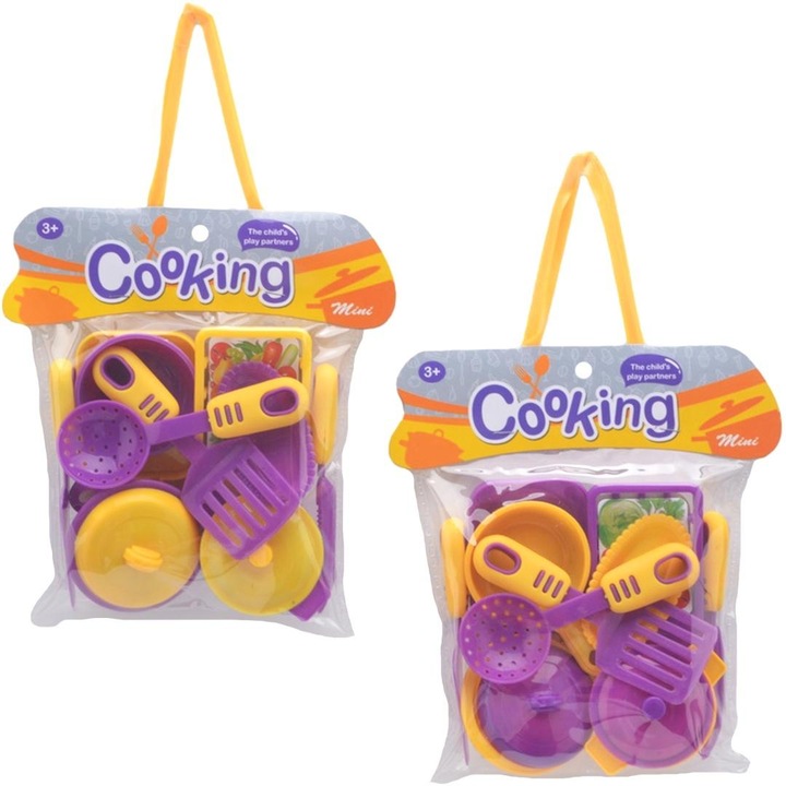 Set de bucatarie pentru copii "Mini Cooking", 12 elemente, culori violet si galben, 15x18x4cm