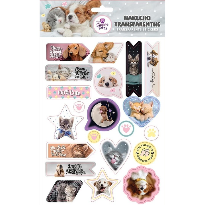 Set de stickere decorative Beniamin, The sweet pets mix, 63 stickere, transparente, diverse modele