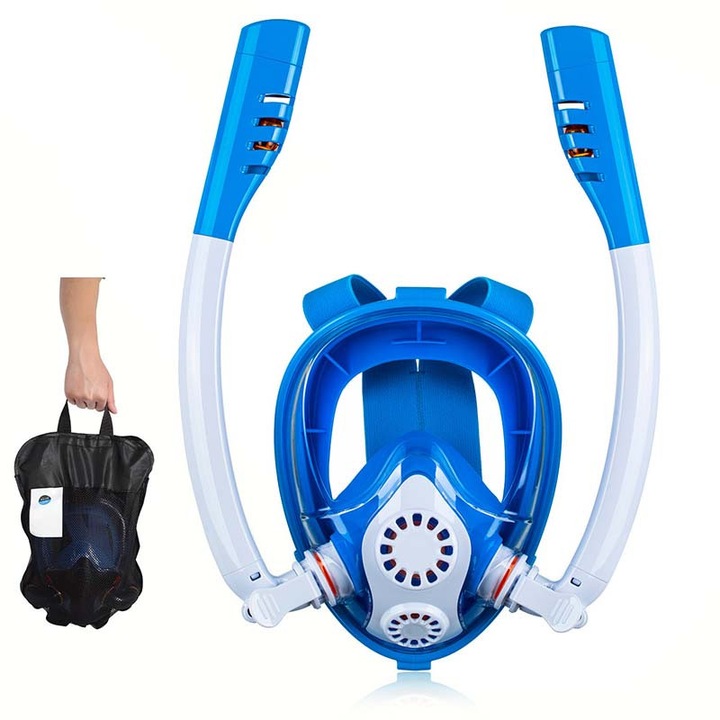 Snorkelmaszk, gyermekeknek, Két légzőcső, Recirkulációs rendszer, HD búvármaszk, Páramentes, Vízálló, Archoz igazított, Sportkamerával kompatibilis, Ideális sznorkelezéshez, búvárkodáshoz, úszáshoz és utazáshoz