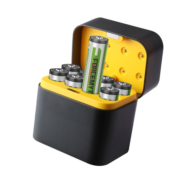 Зарядно устройство за презареждащи се батерии, бързо зареждане 2.5 часа, комплект с 4 включени AA Li-ion 3000 mWh батерии, 1.5 V литиеви, комплект с 4 включени AAA Li-ion 1300 mWh батерии, живот над 1000 цикъла, OUYLAF, черен