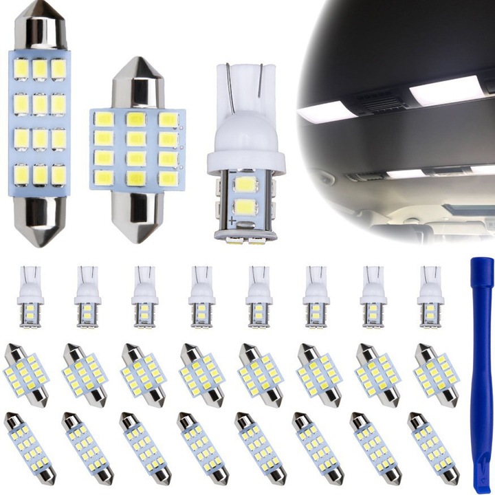 Set 24 becuri LED auto, Lumina alb 6500K, DC12V, T10, 41MM/31MM, model diferit, Luminozitate ridicata, Pentru luminile de accesoriu, de frana, de placuta de inmatriculare, de harta si de parcare, OUYLAF, Alb