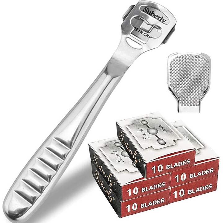 Set de indepartare a calusurilor 52 piese, 1 rasa din inox, cu 50 lame de schimb, 1 cap de pila, cosmetice pentru picioare