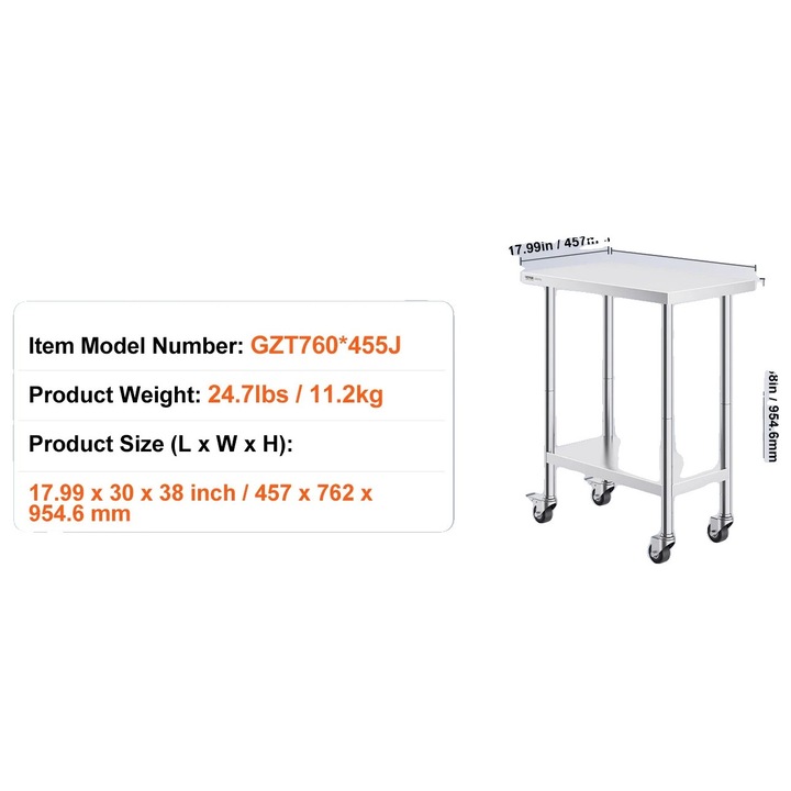 Masa de lucru, ajustabila, 30x18inch, din otel inoxidabil, cu roti mobile