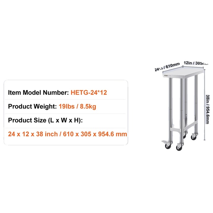 Masa de lucru, ajustabila, 24x12inch, din otel inoxidabil, cu roti mobile