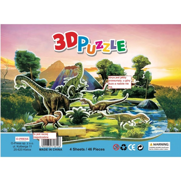Puzzle 3D set 46 elemente, dinozauri, pianka, pentru copii de la 3 ani