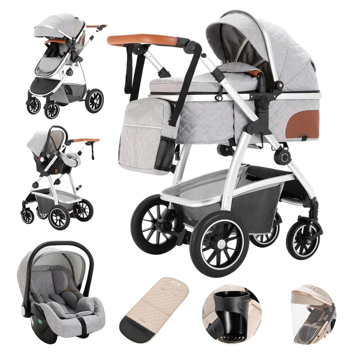 Carucior pentru bebelusi multifunctional, design pliabil, gri deschis, capacitate de incarcare 20KG