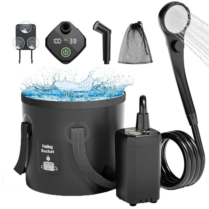 Преносим душ за къмпинг, Rqiurpn, 6000 mAh, LED дисплей, Водоустойчив IPX7, Включва сгъваема кофа, Душ глава, маркуч, водна помпа, USB кабел, кука, чанта за съхранение, За туризъм