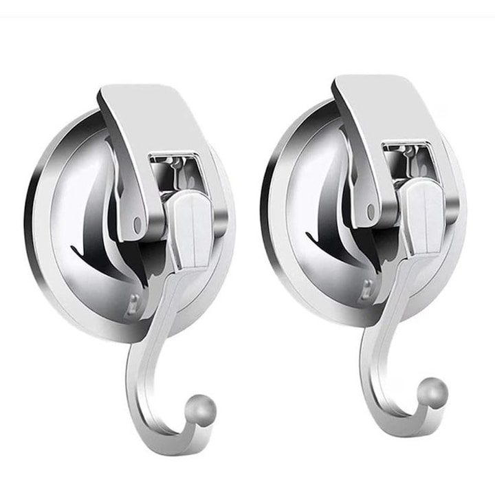Set 2 carlige inox, Rqiurpn, Cu ventuza performanta, No-drilling, Reutilizabile, Rezistent la apa si la rugina, Pentru baie, bucatarie, camera de zi, birou, casa, Argintiu