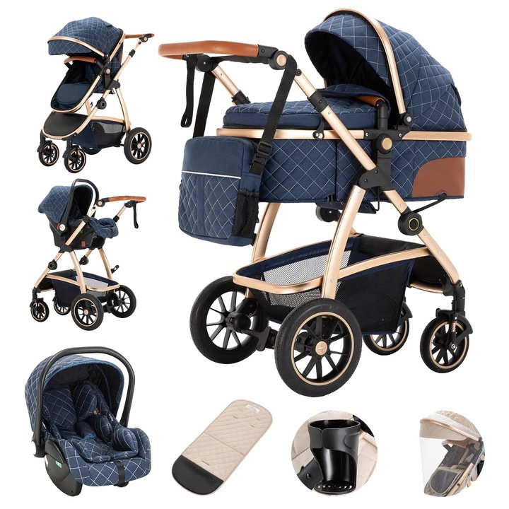 Carucior pentru copii, design multifunctional, pliabil, albastru, capacitate de incarcare >20KG