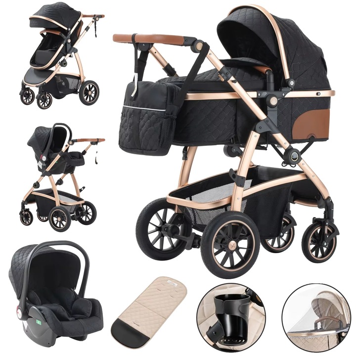 Carucior pentru bebelusi multifunctional, design pliabil, negru, capacitate de incarcare 20KG