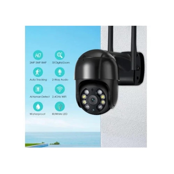 Camera de supraveghere wireless SZSMART A8, 2MP, noapte, neagra, 32G