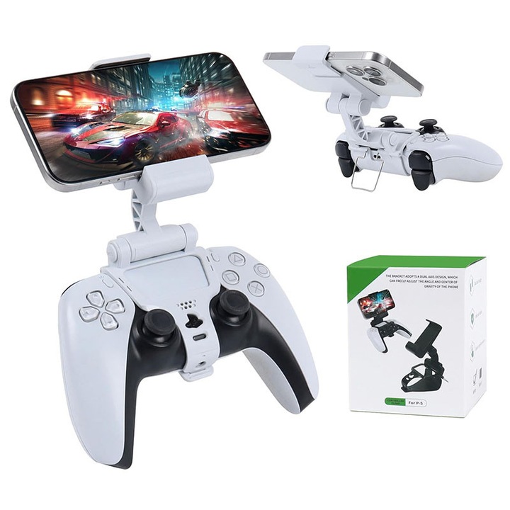Suport telefon pentru controller PS5, design ergonomic, rotire 180°, reglare dubla, compatibil cu dispozitive Android si iOS, material ABS, rezistent, pliabil, portabil, alb